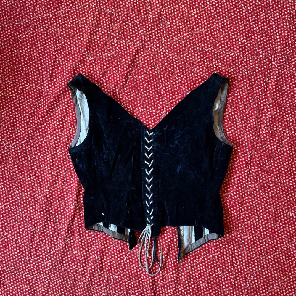 Antique 1800s Black Velvet Lace Up Corset Vest Top Renaissance Coquette